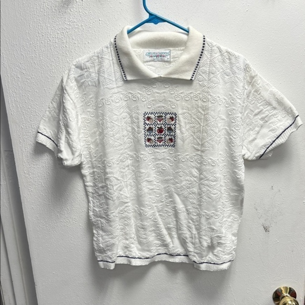 Vintage White Textured Polo with Apple 🍎 Embroidery